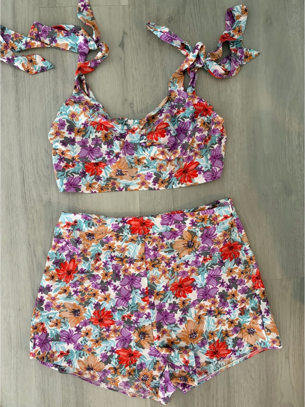 Floral Tie-Strap Skirt Set - Purple / Red / Peach